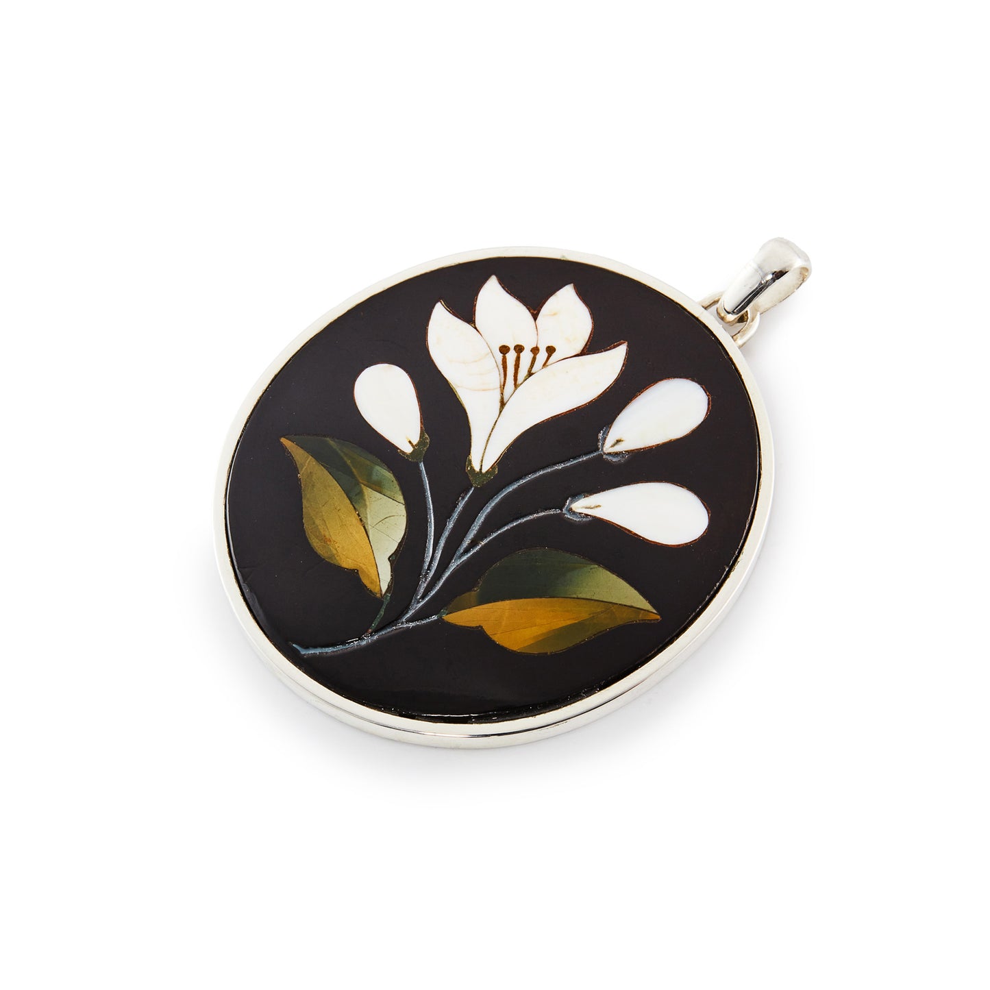 Magnificent antique Pietra Dura natural stone pendant depicting a white flower, three buds and two leaves. Set in sterling silver.