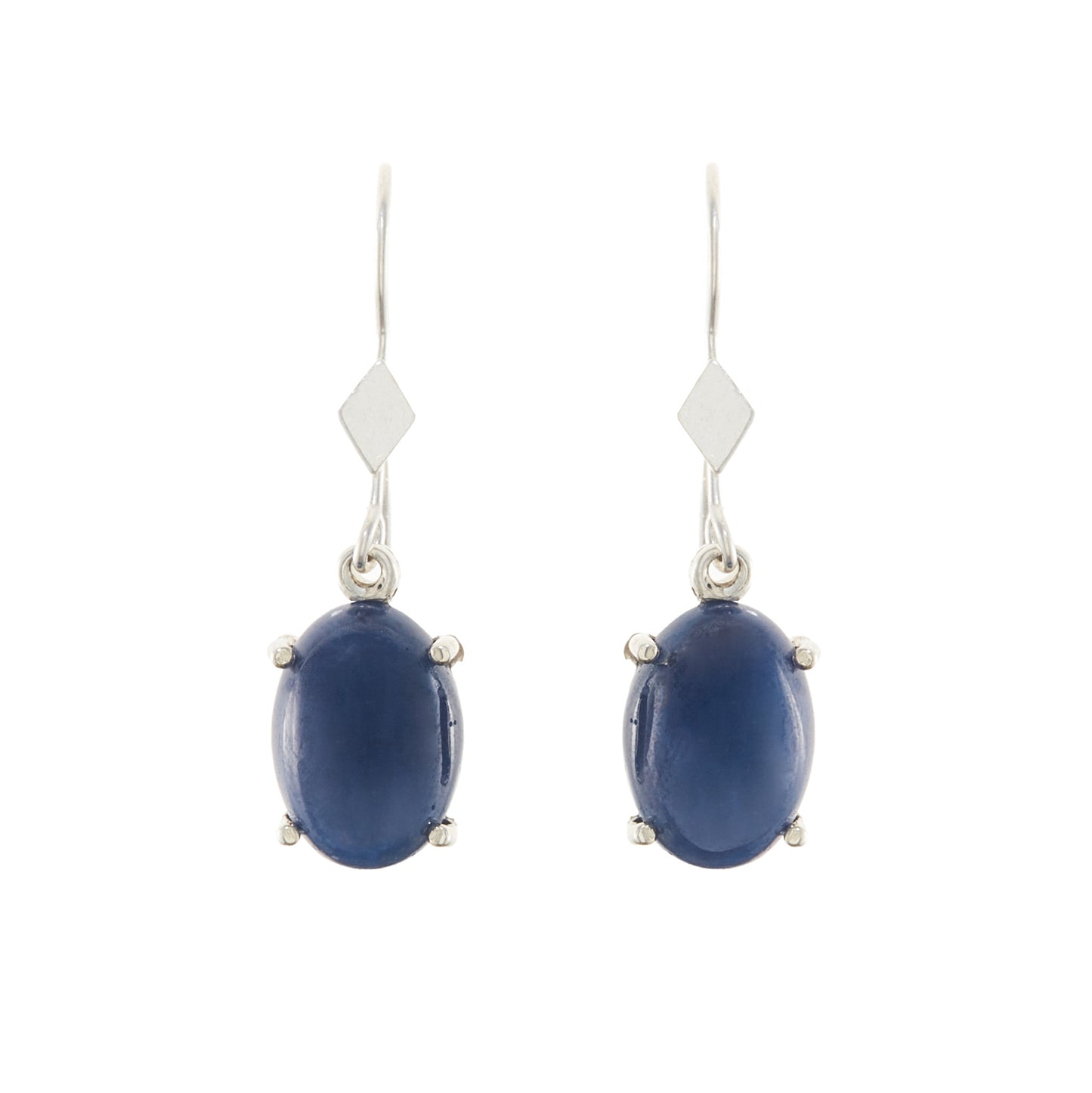 Sterling silver drop earrings, each set with a deep-blue cabochon star sapphire.