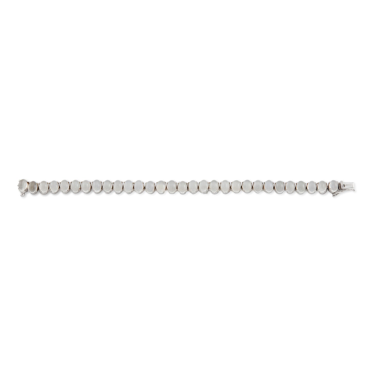 Stylish sterling silver bracelet, set with thirty cabochon oval moonstones. Bracelet has a safety clasp.