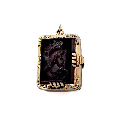 Victorian 12ct gold book locket set with a carnelian classic Roman soldier intaglio.