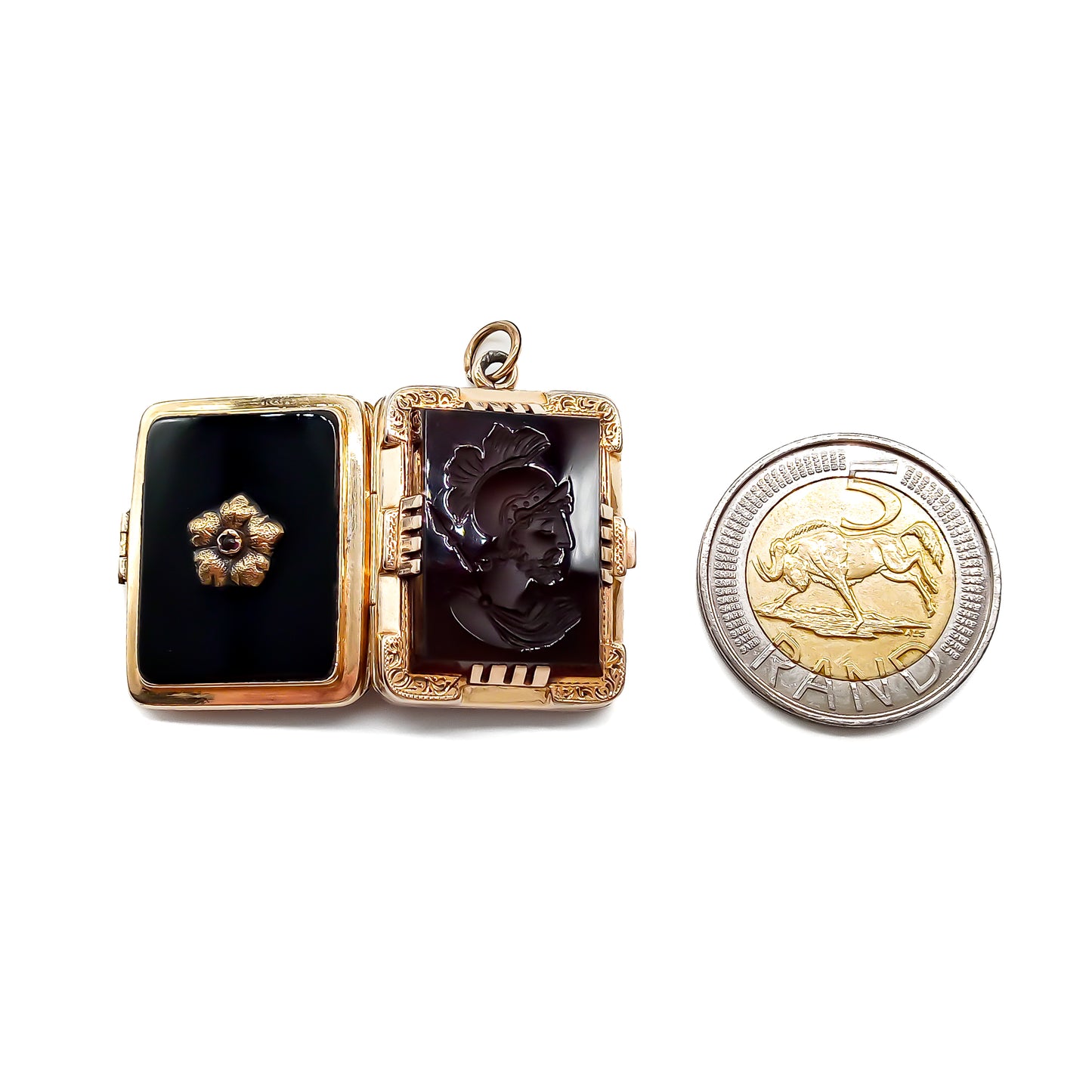 Victorian 12ct gold book locket set with a carnelian classic Roman soldier intaglio and onyx.