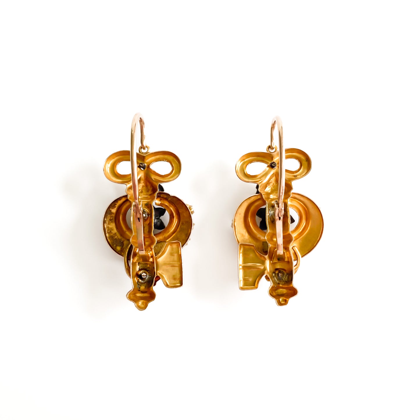 Exquisite Victorian rose and yellow gold earrings each set with ten tiny seed pearls. Front fastening shepherd hooks.