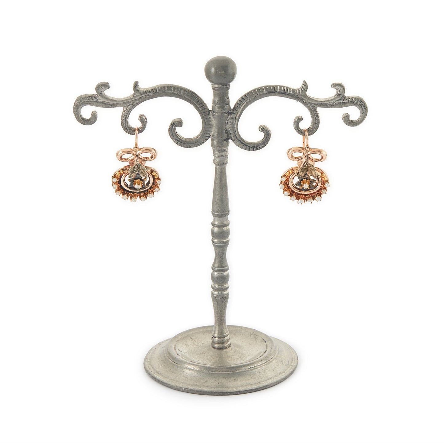 Exquisite Victorian rose and yellow gold earrings each set with ten tiny seed pearls. Front fastening shepherd hooks.