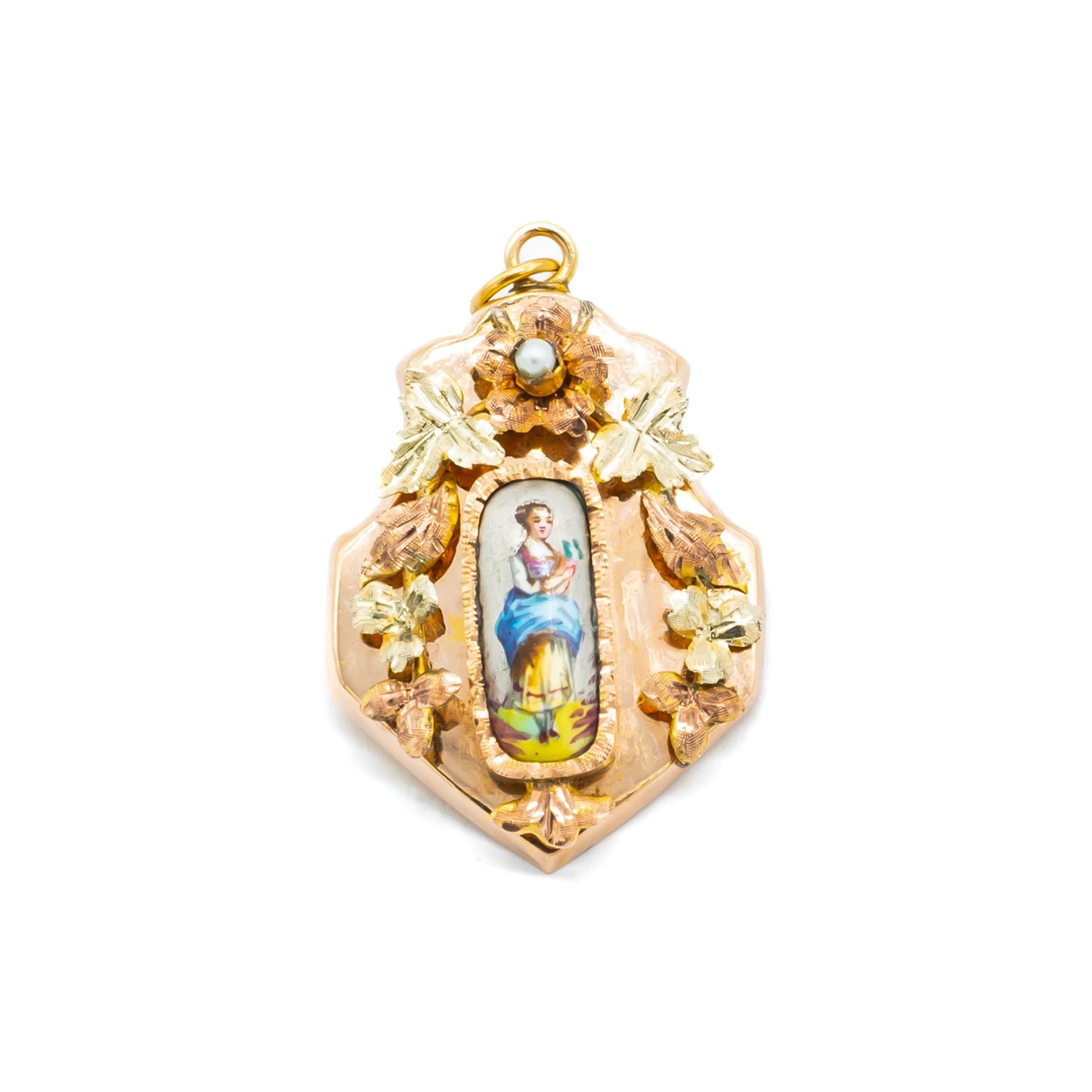 Pretty Victorian rose gold pendant set with a hand-painted porcelain miniature depicting a lady, surrounded by rose and yellow gold flowers containing one seed pearl.