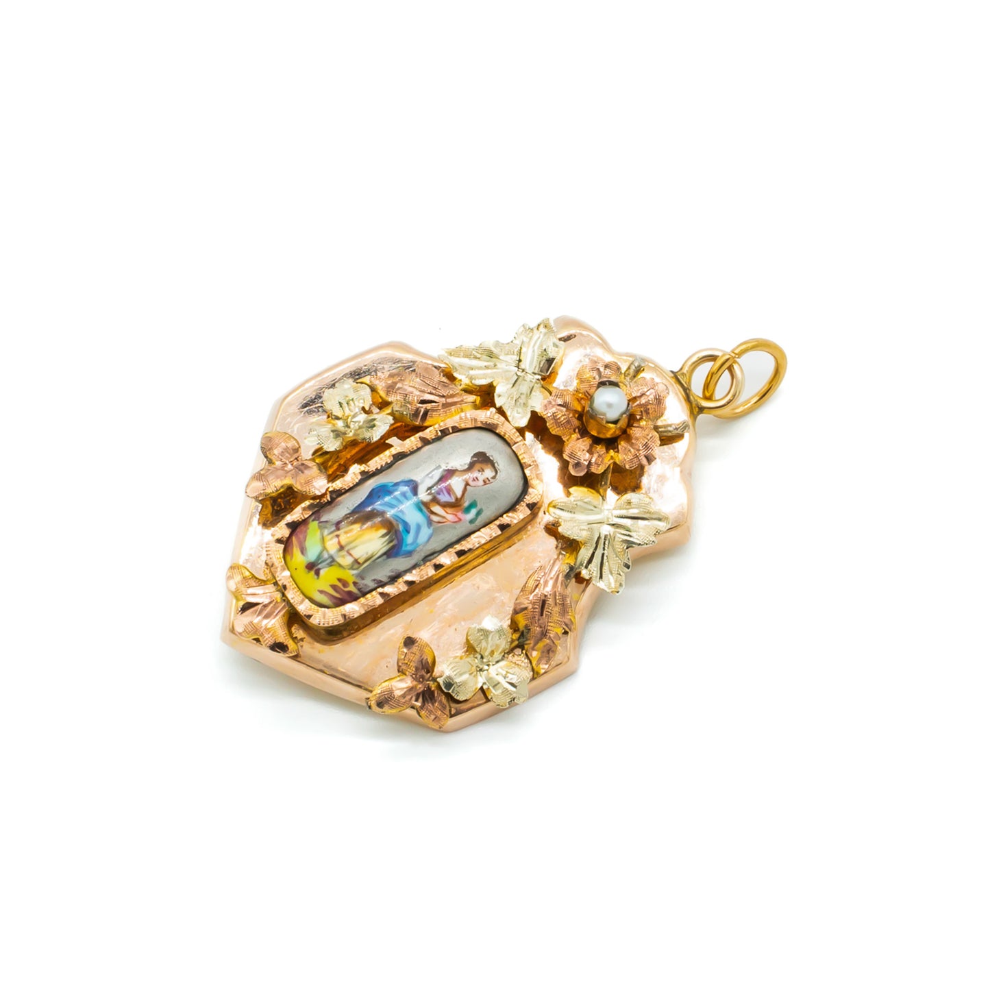 Pretty Victorian rose gold pendant set with a hand-painted porcelain miniature depicting a lady, surrounded by rose and yellow gold flowers containing one seed pearl.