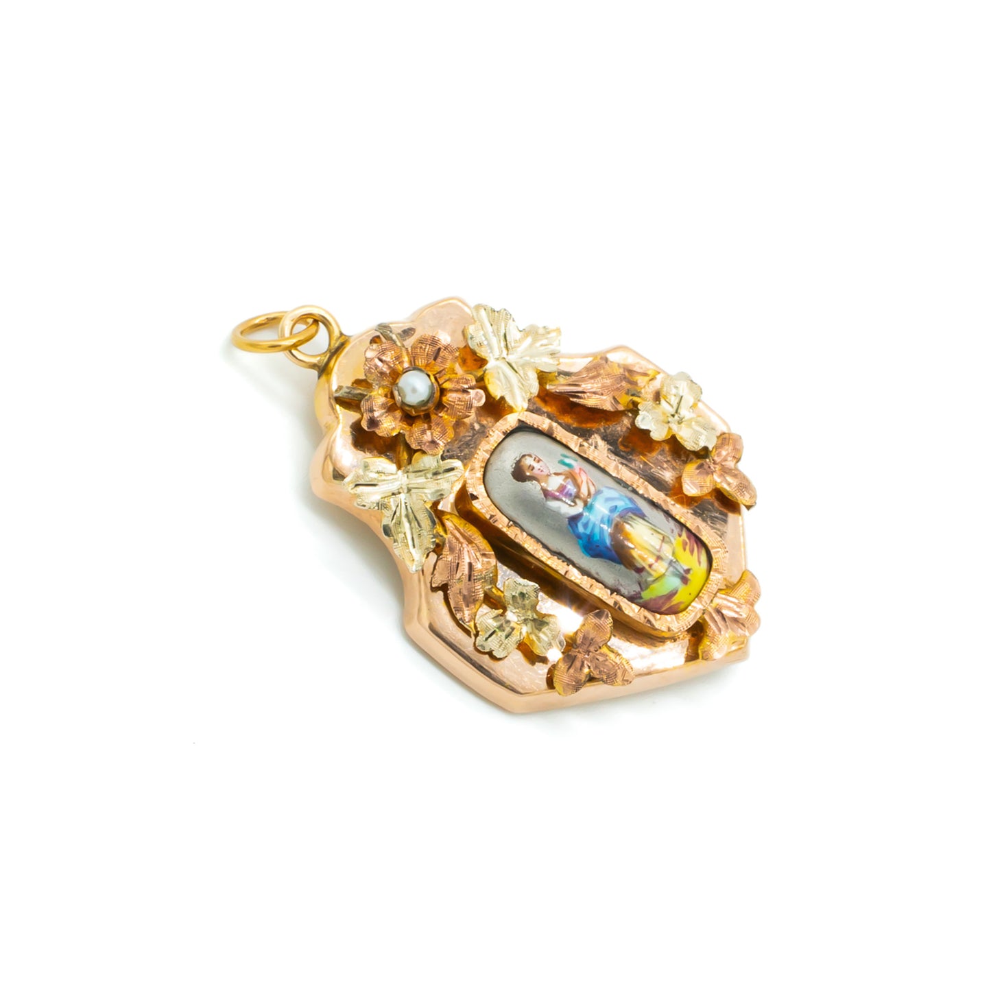 Pretty Victorian rose gold pendant set with a hand-painted porcelain miniature depicting a lady, surrounded by rose and yellow gold flowers containing one seed pearl.