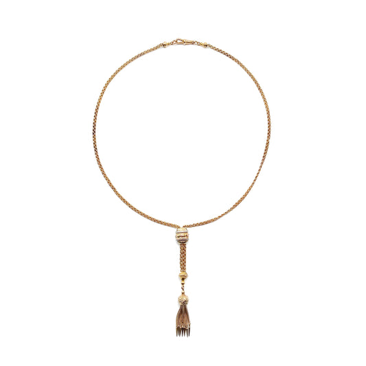 Stunning 15ct gold Victorian Albertina necklace with an 18ct gold dog-clip, ornate tri-colour gold slider and a gold tassel.