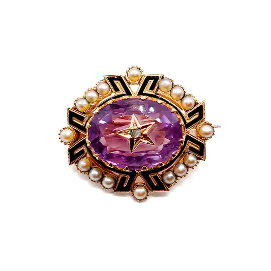 Charming miniature Victorian 15ct yellow gold brooch with a beautifully faceted amethyst inlaid with a tiny mine cut diamond in a star setting.