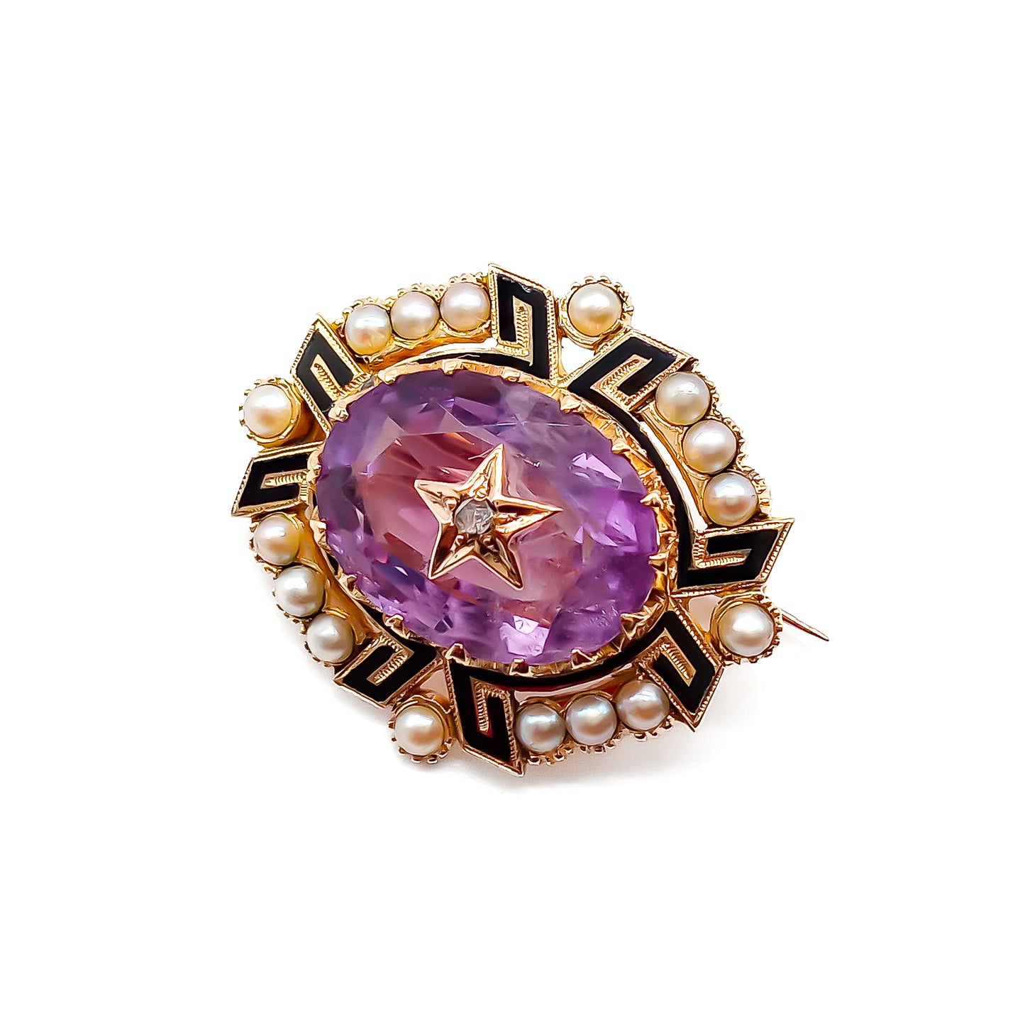 Charming miniature Victorian 15ct yellow gold brooch with a beautifully faceted amethyst inlaid with a tiny mine cut diamond in a star setting.