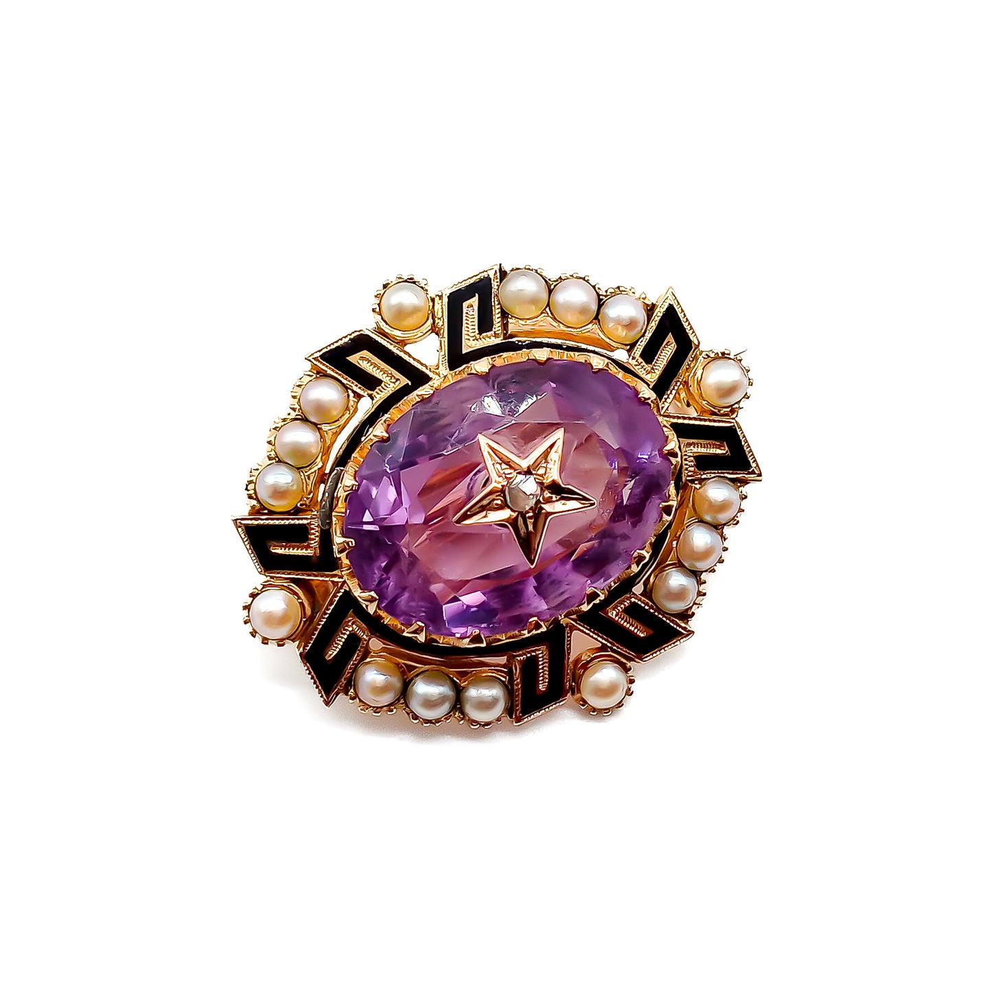Charming miniature Victorian 15ct yellow gold brooch with a beautifully faceted amethyst inlaid with a tiny mine cut diamond in a star setting.