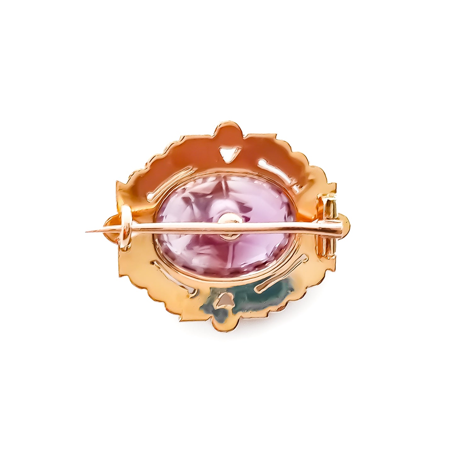 Charming miniature Victorian 15ct yellow gold brooch with a beautifully faceted amethyst inlaid with a tiny mine cut diamond in a star setting.
