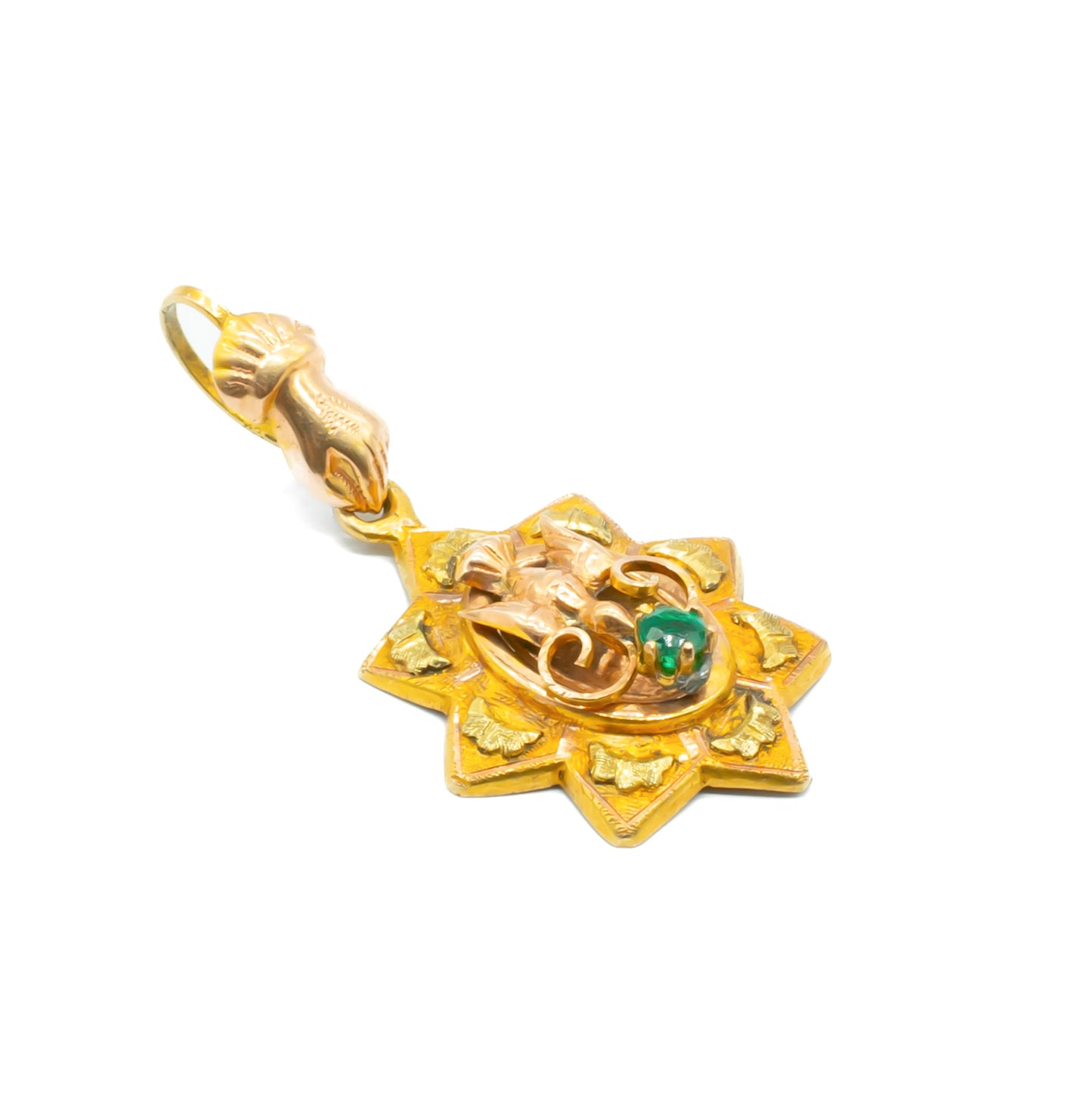 Exquisite Victorian 15ct rose and yellow gold pendant depicting a hand and dove, set with a faceted emerald.