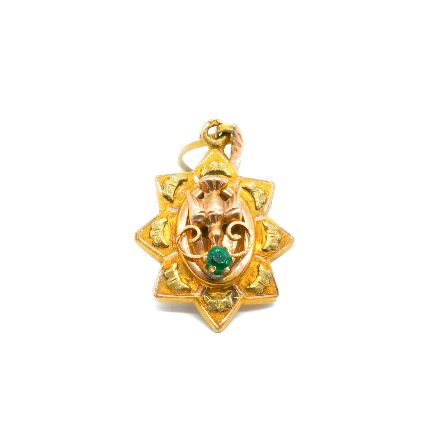 Exquisite Victorian 15ct rose and yellow gold pendant depicting a hand and dove, set with a faceted emerald.