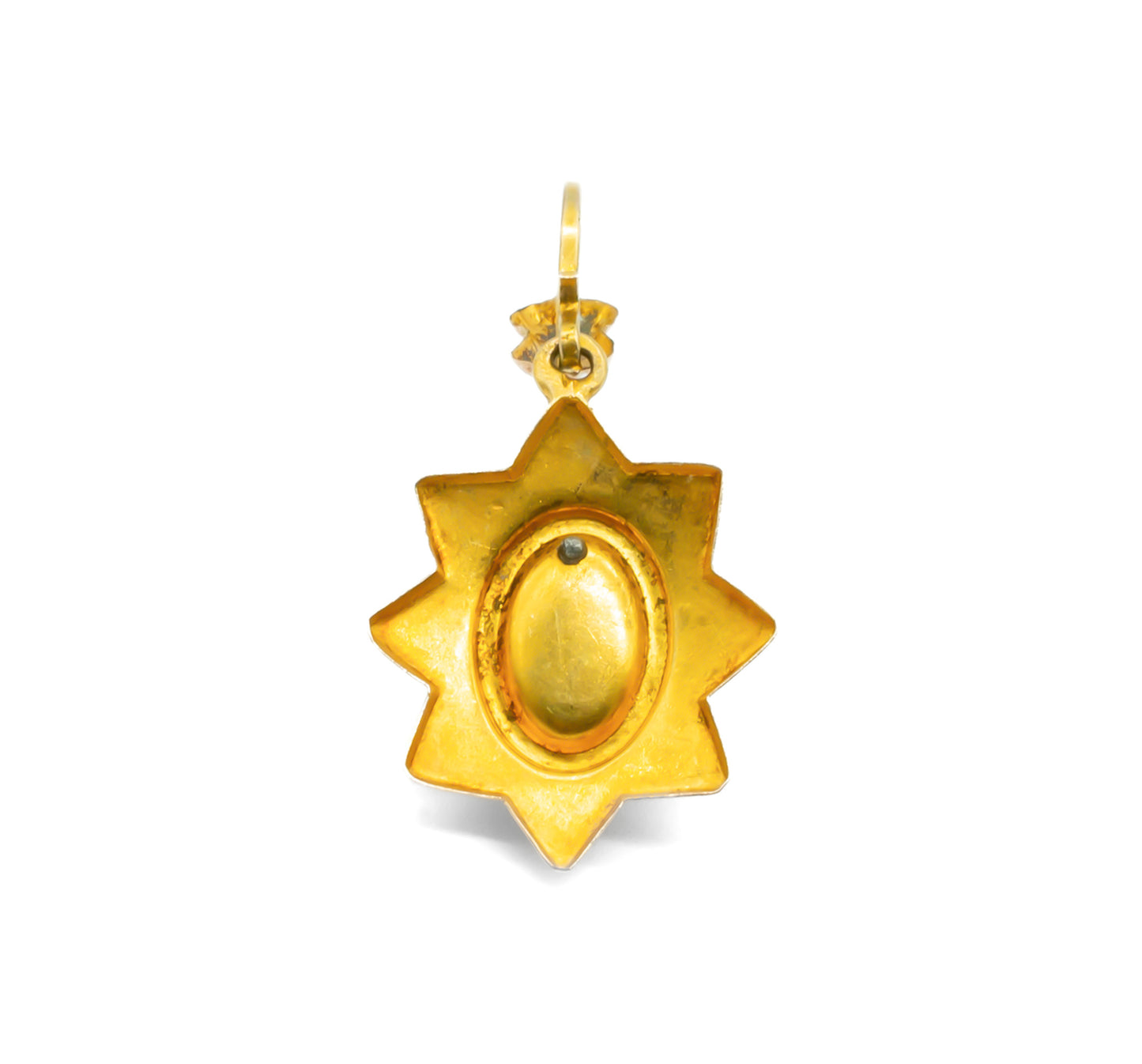 Exquisite Victorian 15ct rose and yellow gold pendant depicting a hand and dove, set with a faceted emerald.