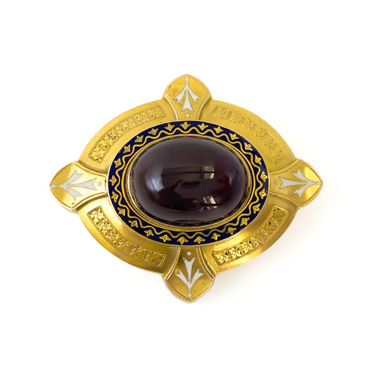 Stunning Victorian 15ct yellow gold pendant/brooch with large oval cabochon garnet, beautiful blue and white enamelling and fine leaf engravings.