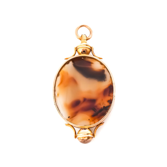 Classic 15ct yellow gold Victorian pendant set with a large oval brown moss agate disk.