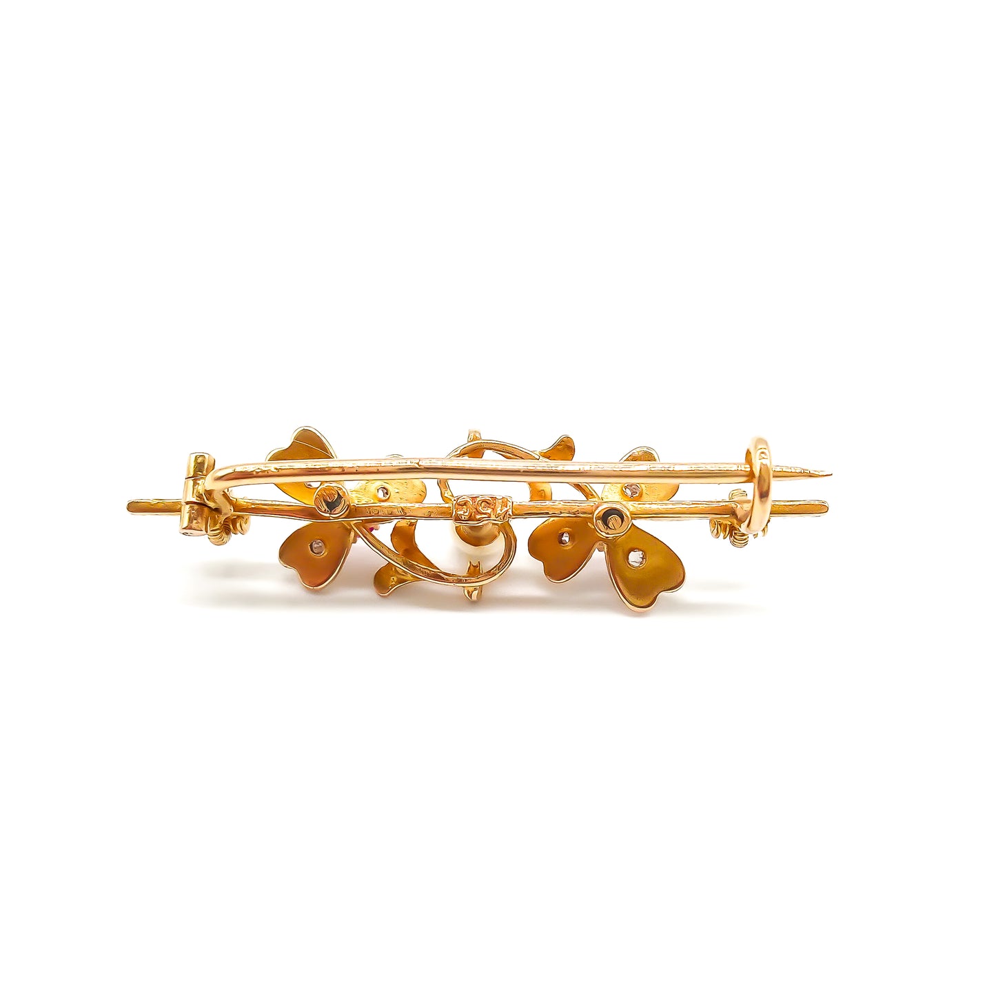 Dainty 15ct gold Victorian bar brooch set with two rubies, six small diamonds and a pearl in a clover leaf setting.