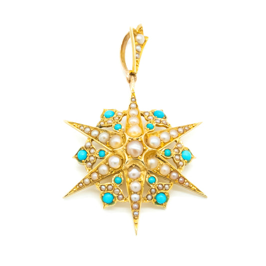 Gorgeous Victorian 15ct yellow gold star pendant set with turquoise cabochons and seed pearls.