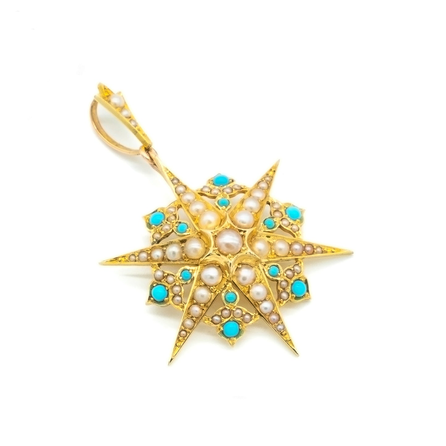 Gorgeous Victorian 15ct yellow gold star pendant set with turquoise cabochons and seed pearls.