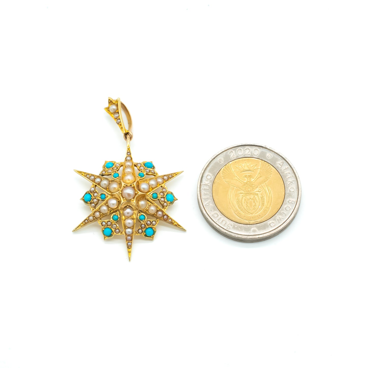 Gorgeous Victorian 15ct yellow gold star pendant set with turquoise cabochons and seed pearls.
