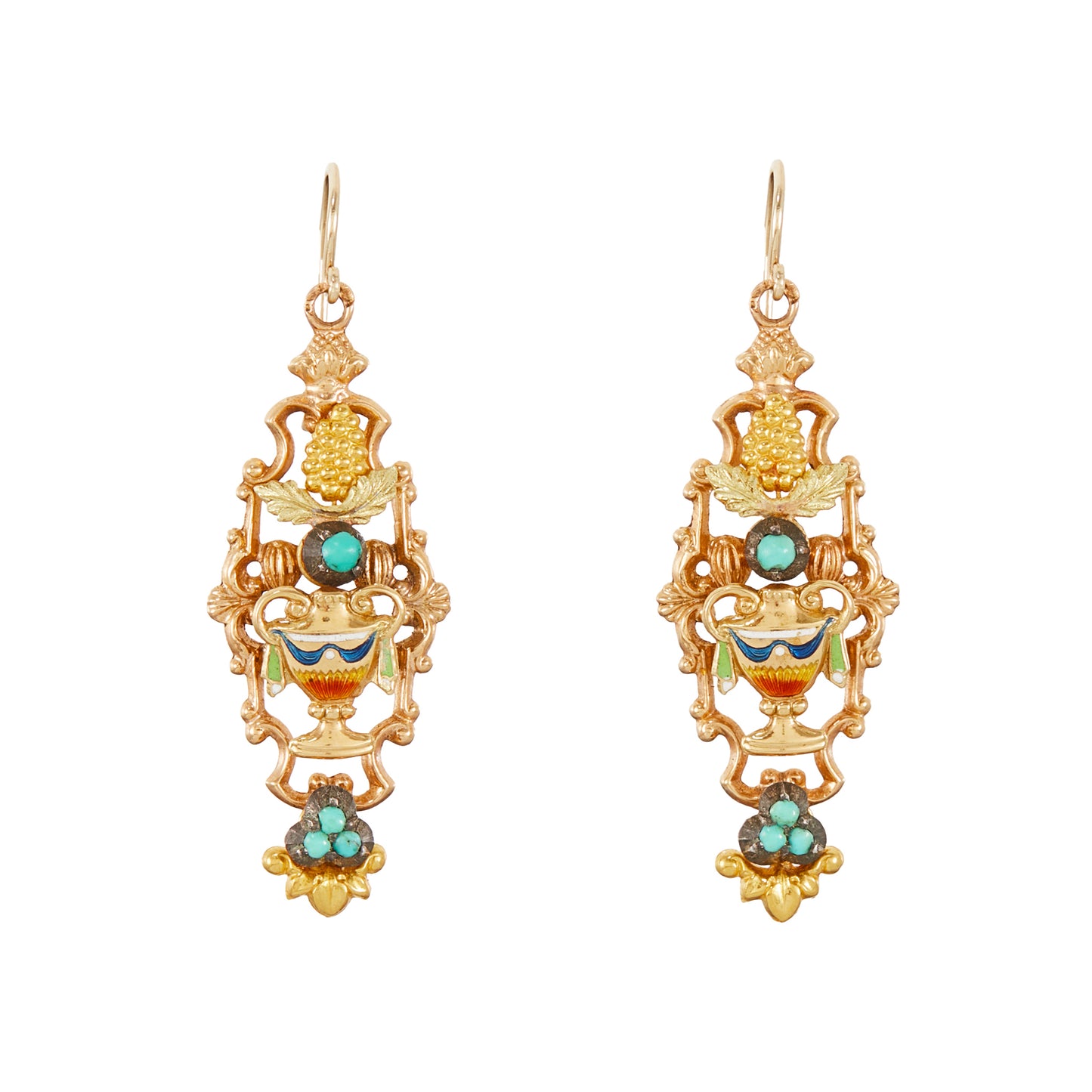 Exquisite Victorian 15ct gold earrings, enamelled with vibrant hues and each set with four turquoise stones. These earrings have beautiful repoussé detail.