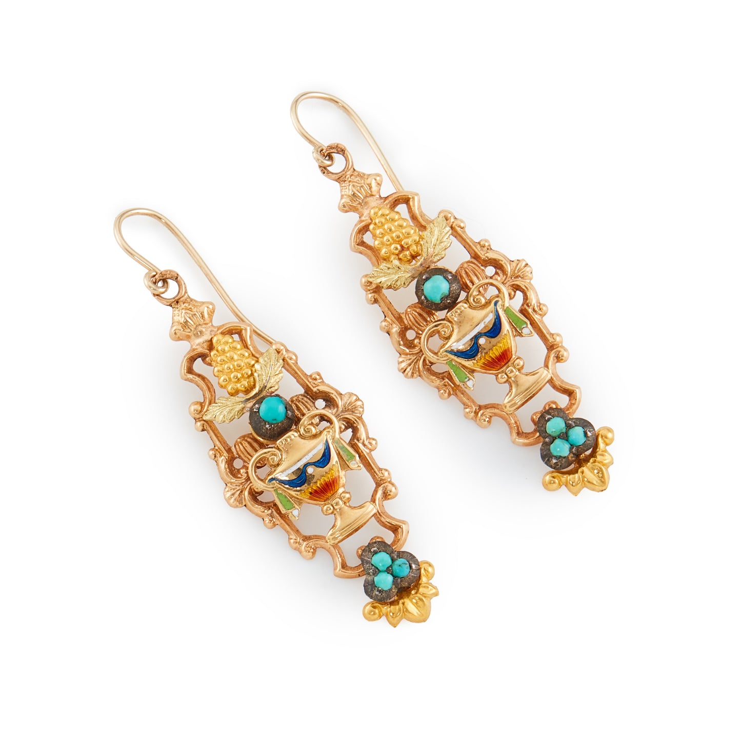 Exquisite Victorian 15ct gold earrings, enamelled with vibrant hues and each set with four turquoise stones. These earrings have beautiful repoussé detail.