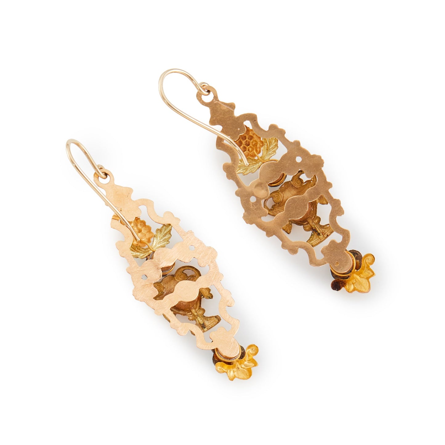 Exquisite Victorian 15ct gold earrings, enamelled with vibrant hues and each set with four turquoise stones. These earrings have beautiful repoussé detail.