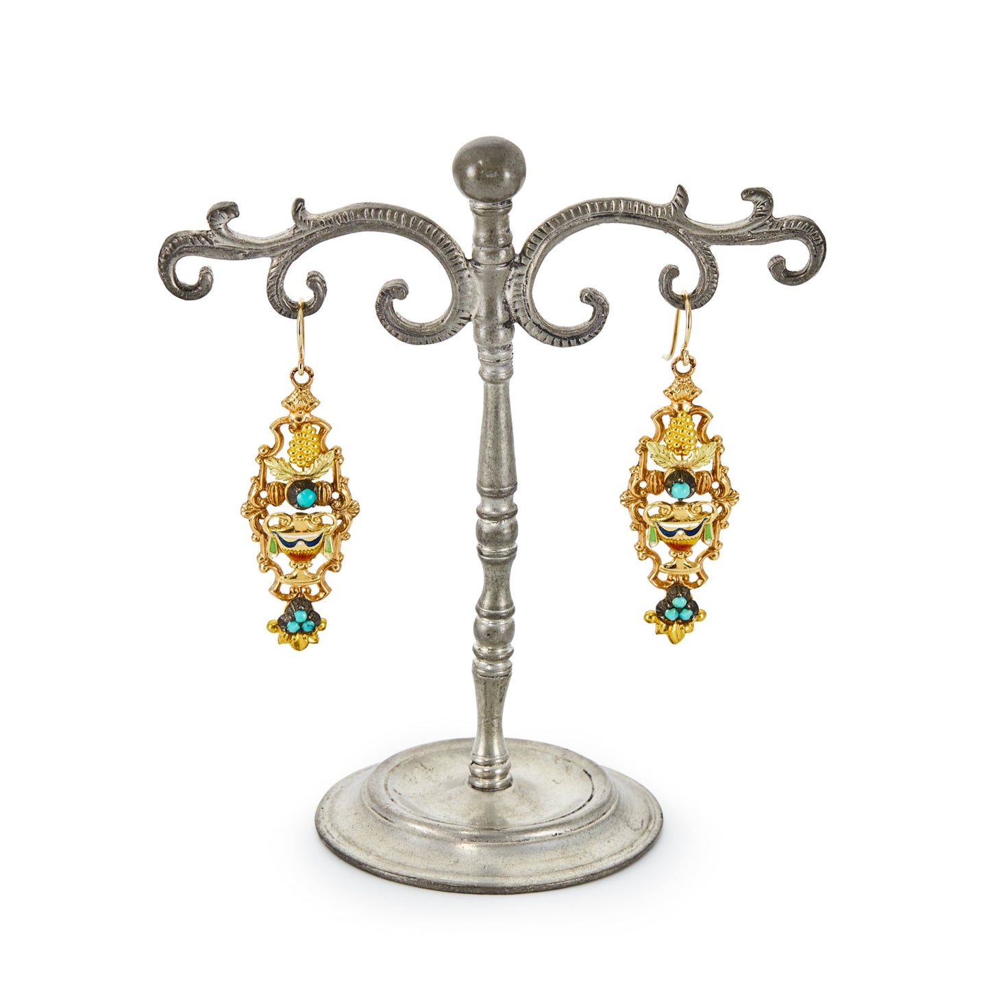 Exquisite Victorian 15ct gold earrings, enamelled with vibrant hues and each set with four turquoise stones. These earrings have beautiful repoussé detail.