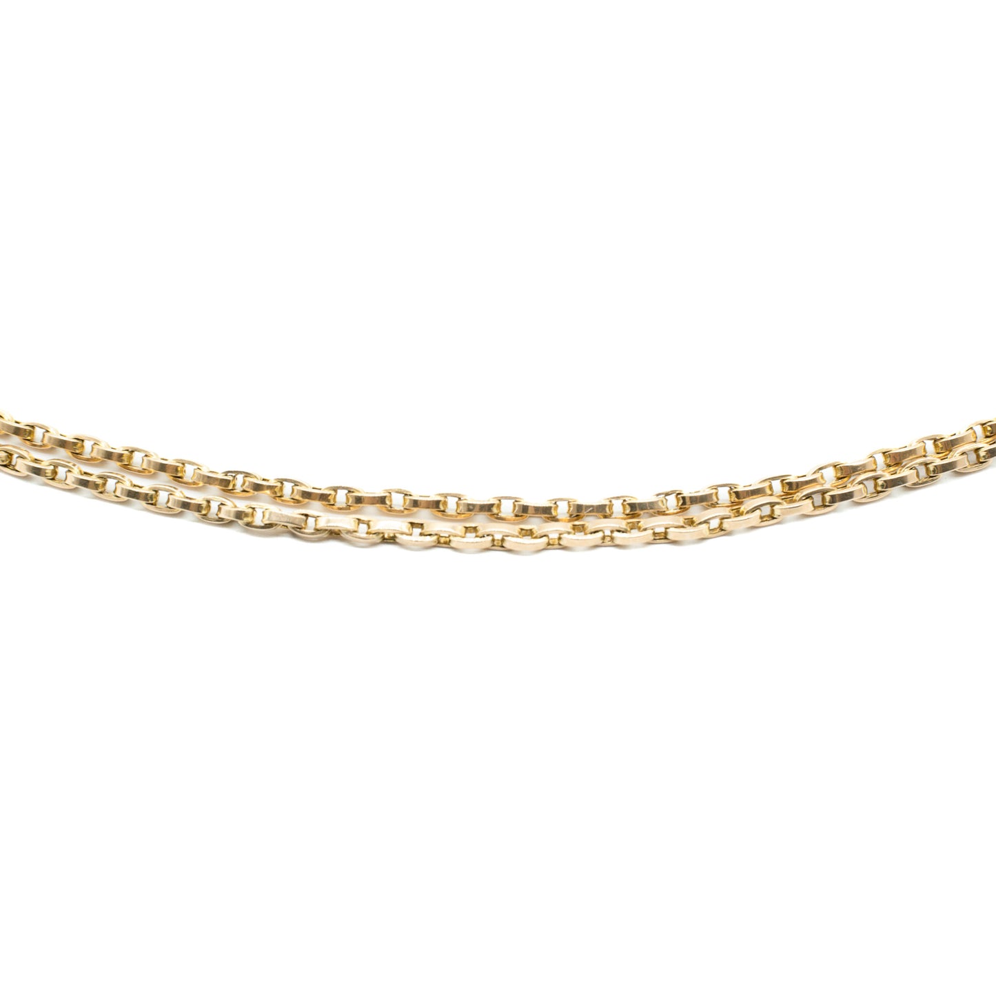 Classic 15ct rose gold Victorian box link chain with a double dog-clip clasp. Long enough to comfortably be worn as a triple chain.