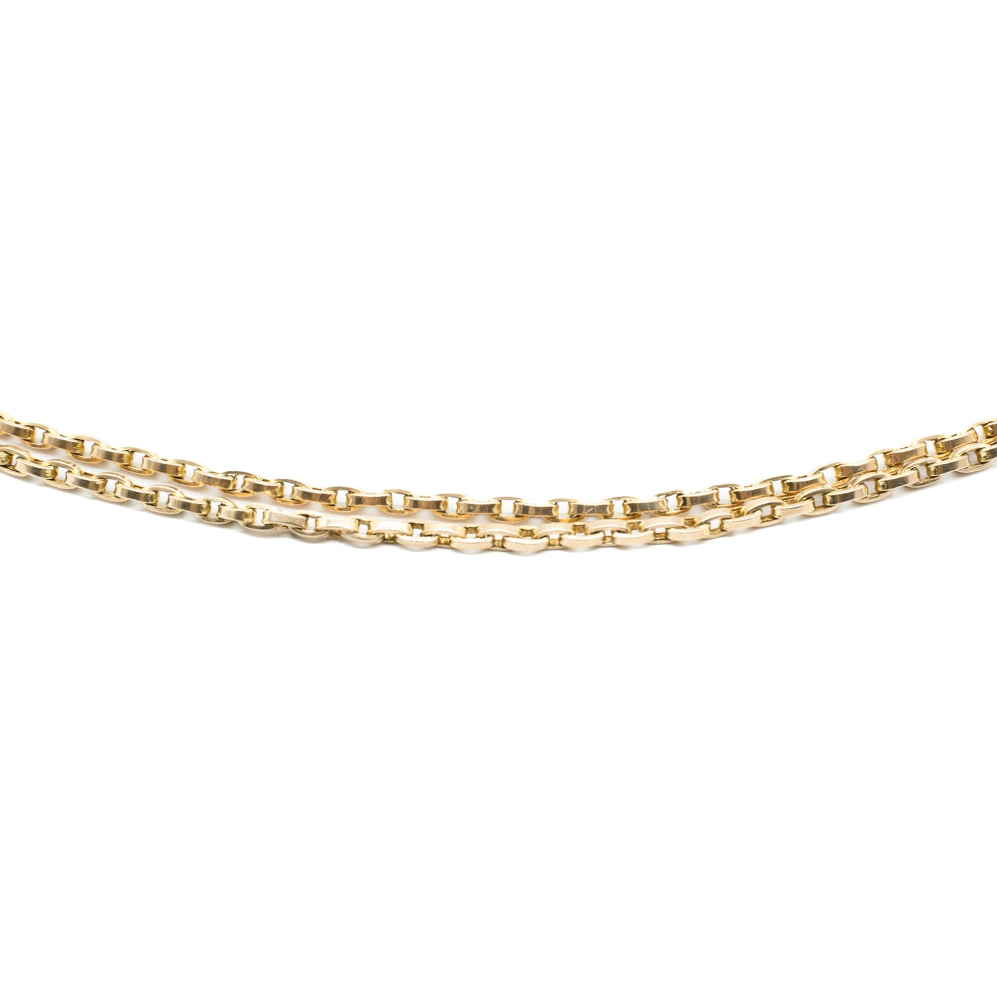 Classic 15ct rose gold Victorian box link chain with a double dog-clip clasp. Long enough to comfortably be worn as a triple chain.