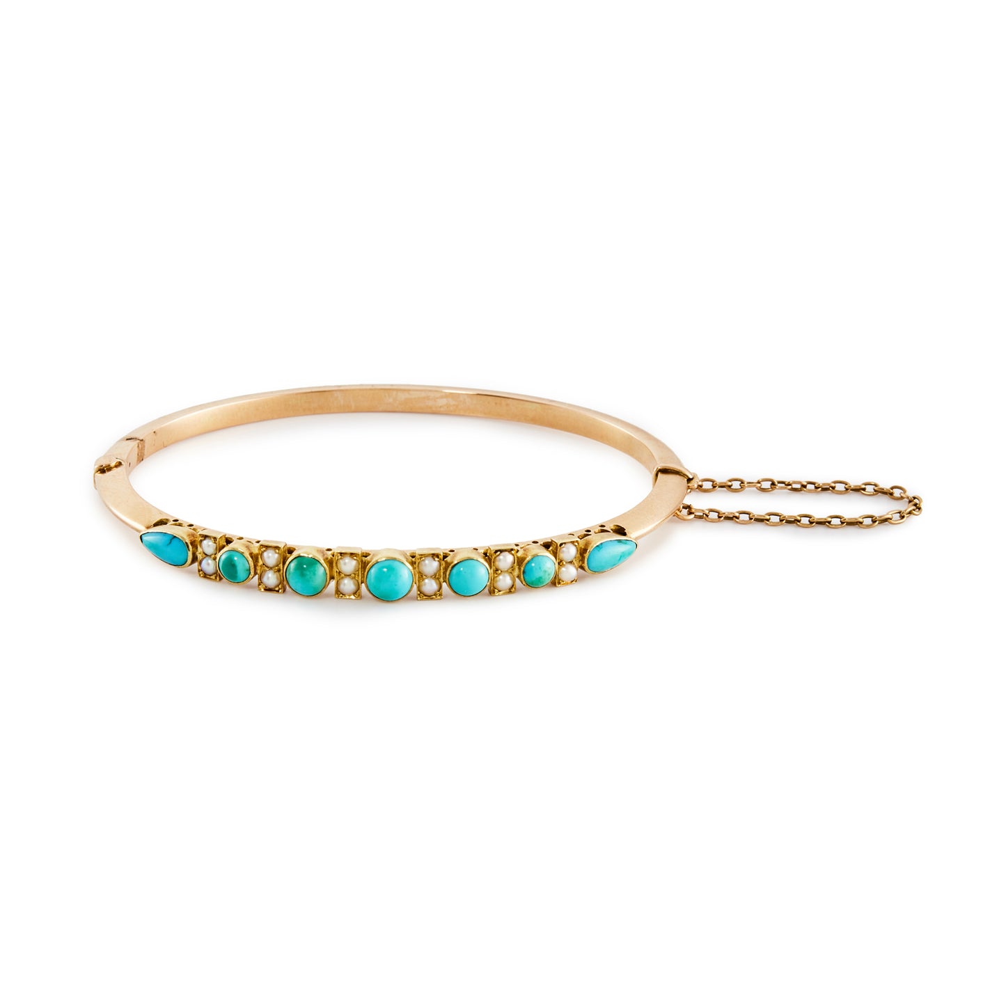Stunning Victorian 15ct rose gold bangle, set with seven turquoise stones and twelve seed pearls. With a safety chain.