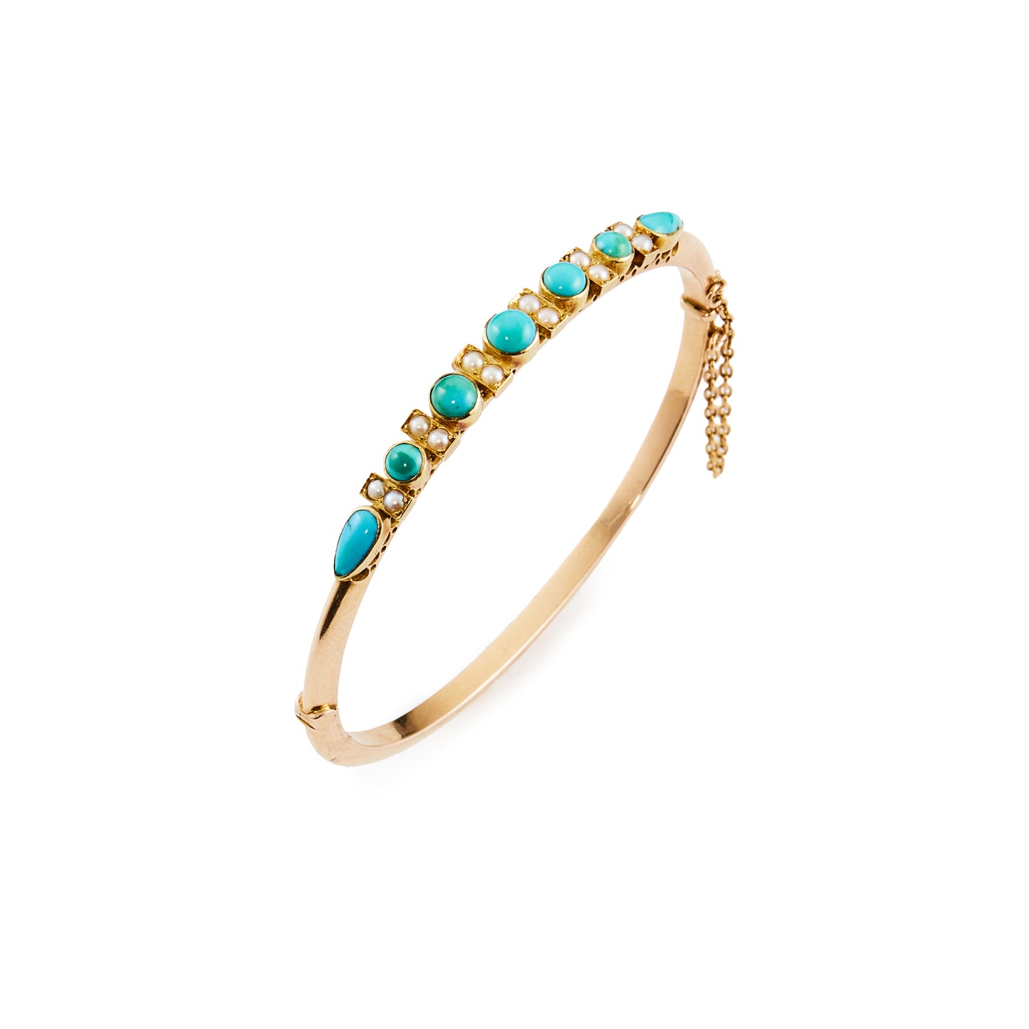 Stunning Victorian 15ct rose gold bangle, set with seven turquoise stones and twelve seed pearls. With a safety chain.