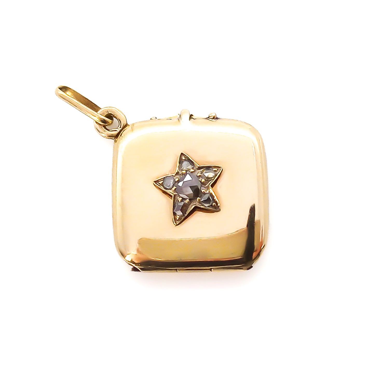 Charming Victorian 18ct yellow gold locket set with six rose cut diamonds in the form of a star. Circa 1900