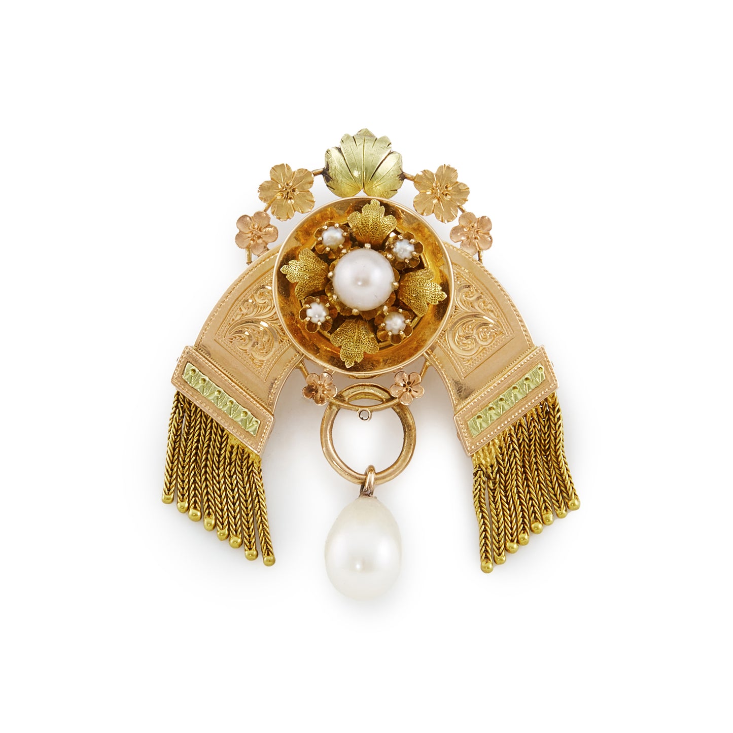 Beautifully engraved rose and yellow gold tassel pendant set with a cultured saltwater pearl, four seed pearls and a dangling teardrop pearl. The pendant has ornate flower detail and two loops at the back to thread the pendant through a chain.