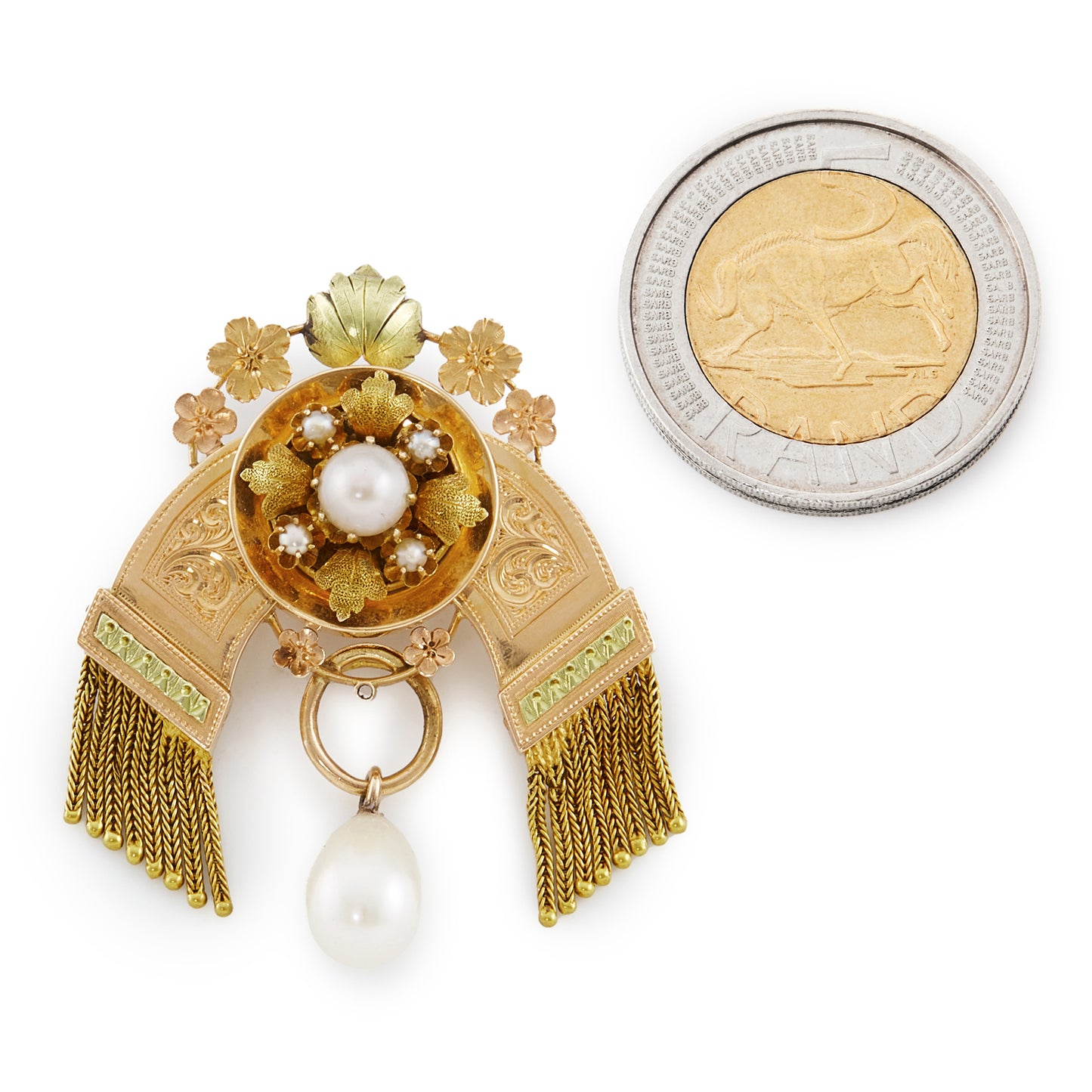 Beautifully engraved rose and yellow gold tassel pendant set with a cultured saltwater pearl, four seed pearls and a dangling teardrop pearl. The pendant has ornate flower detail and two loops at the back to thread the pendant through a chain.
