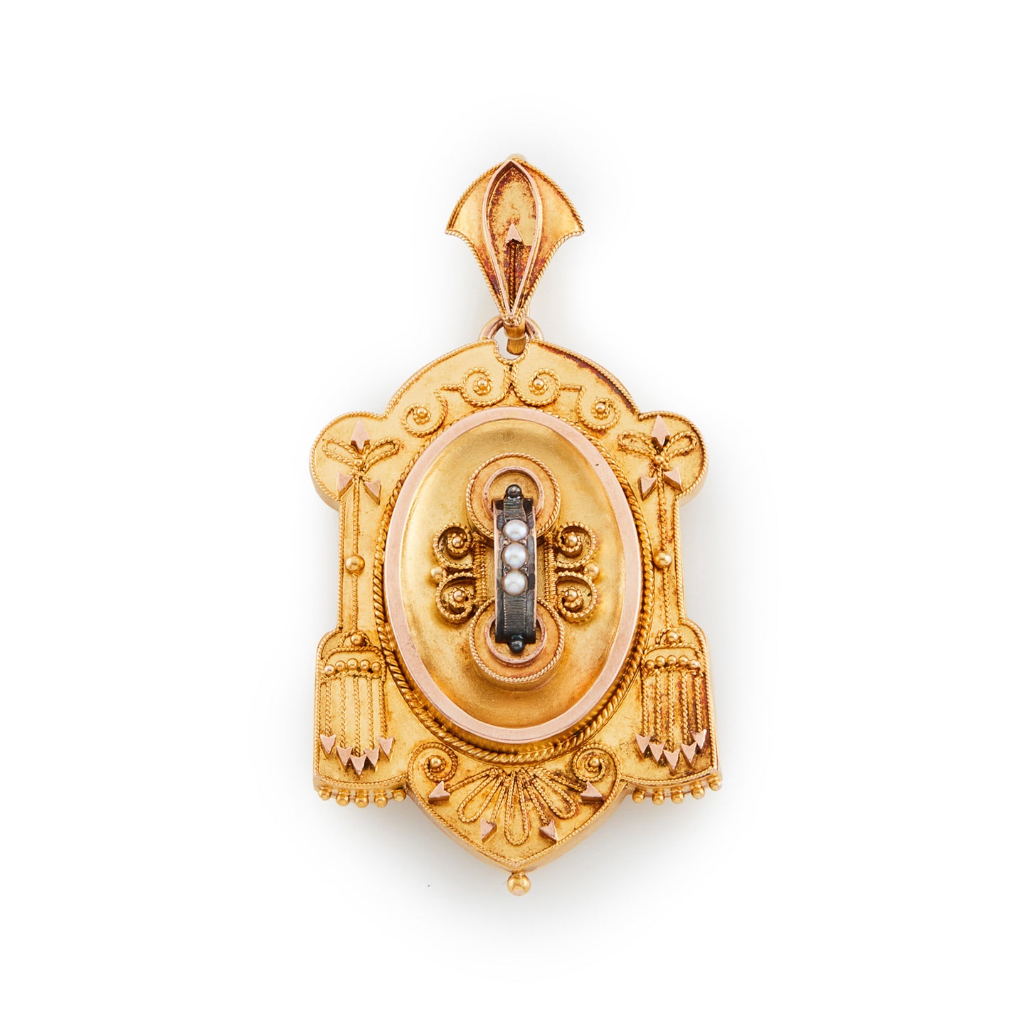 Stunning Victorian Etruscan style 18ct gold locket, with three seed pearls in an oxidised silver setting. Locket opens at the back of the pendant, with original glass and is suitable for a photo.
