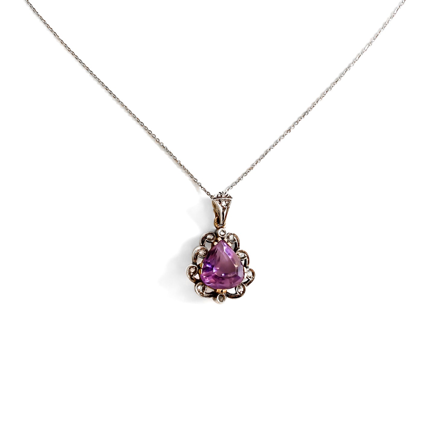 Victorian 18ct Gold and Silver Amethyst and Diamond Pendant on Chain