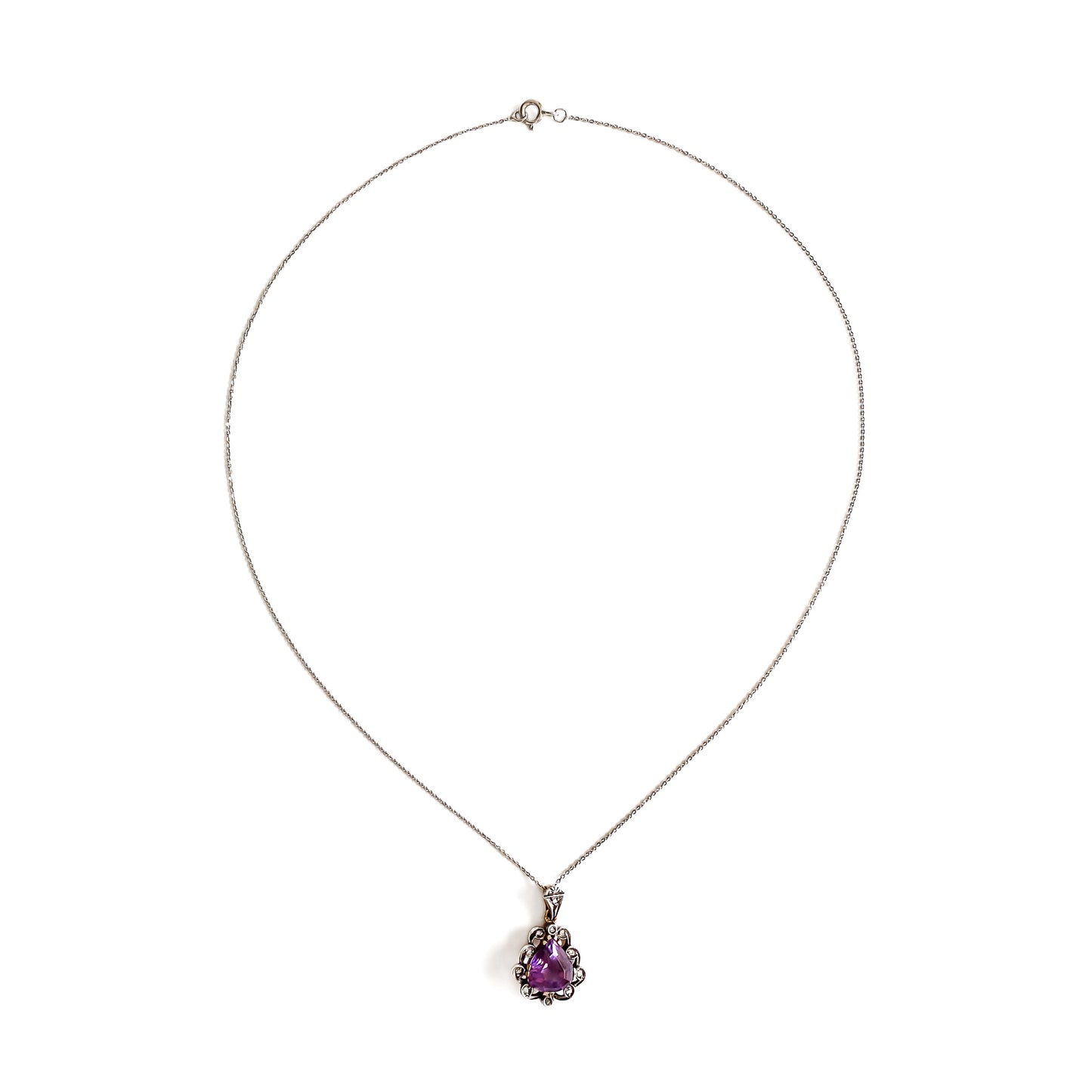 Victorian 18ct Gold and Silver Amethyst and Diamond Pendant on Chain