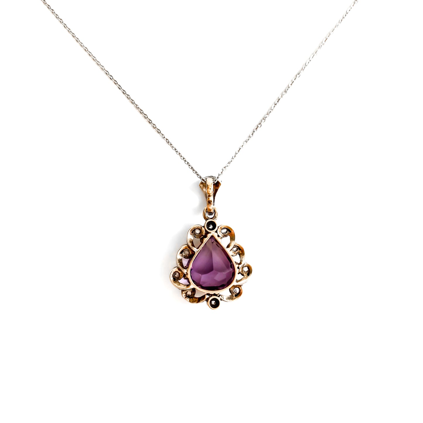 Victorian 18ct Gold and Silver Amethyst and Diamond Pendant on Chain