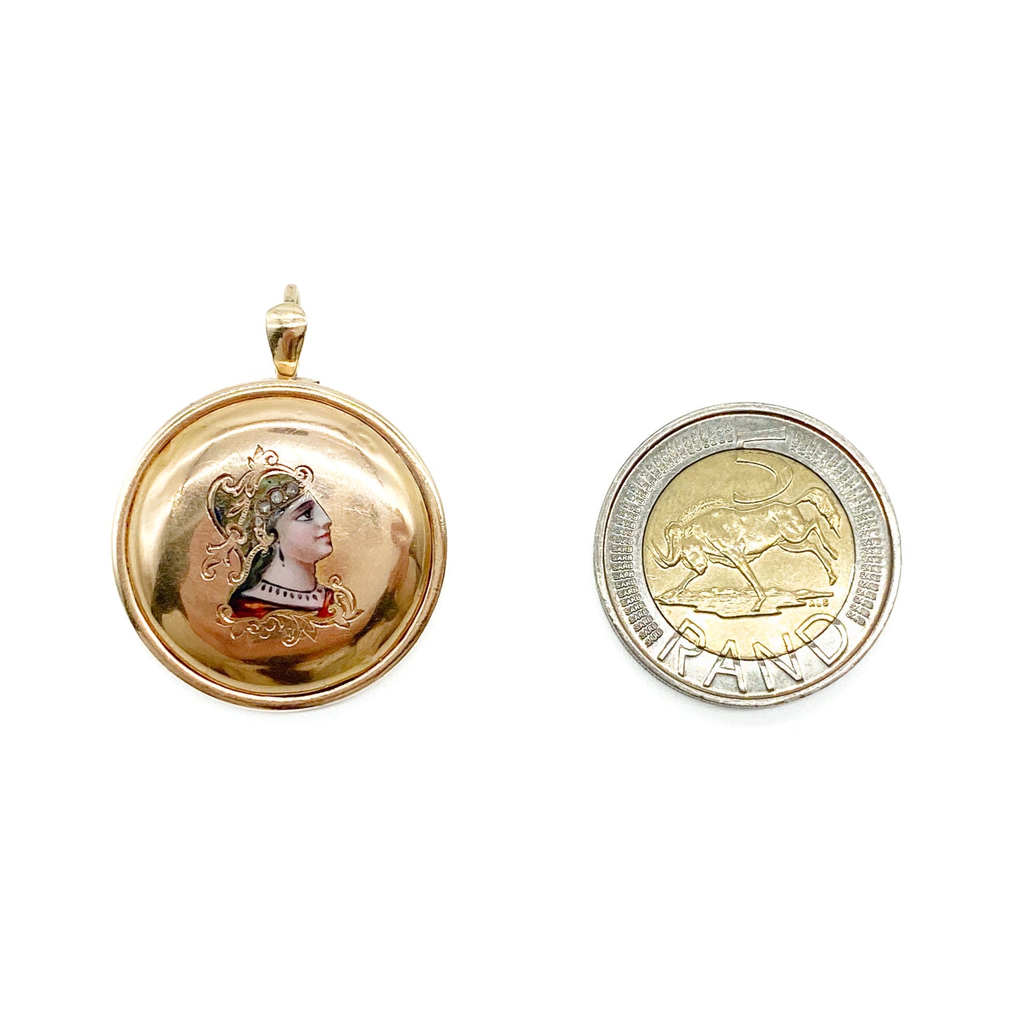 Stunning Victorian 18ct rose gold locket with an enamelled miniature portrait of a lady, set with four tiny mine cut diamonds. Glass case at the back.
