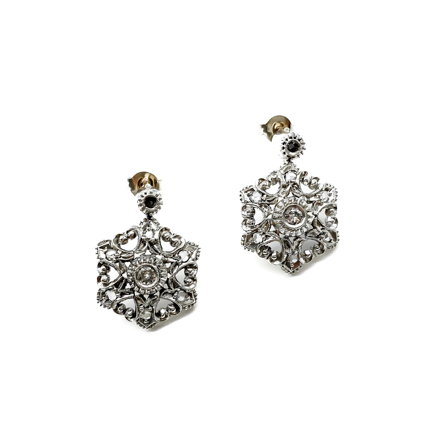 Lovely Victorian 19ct gold and silver old-cut diamond drop earrings with intricate detail.