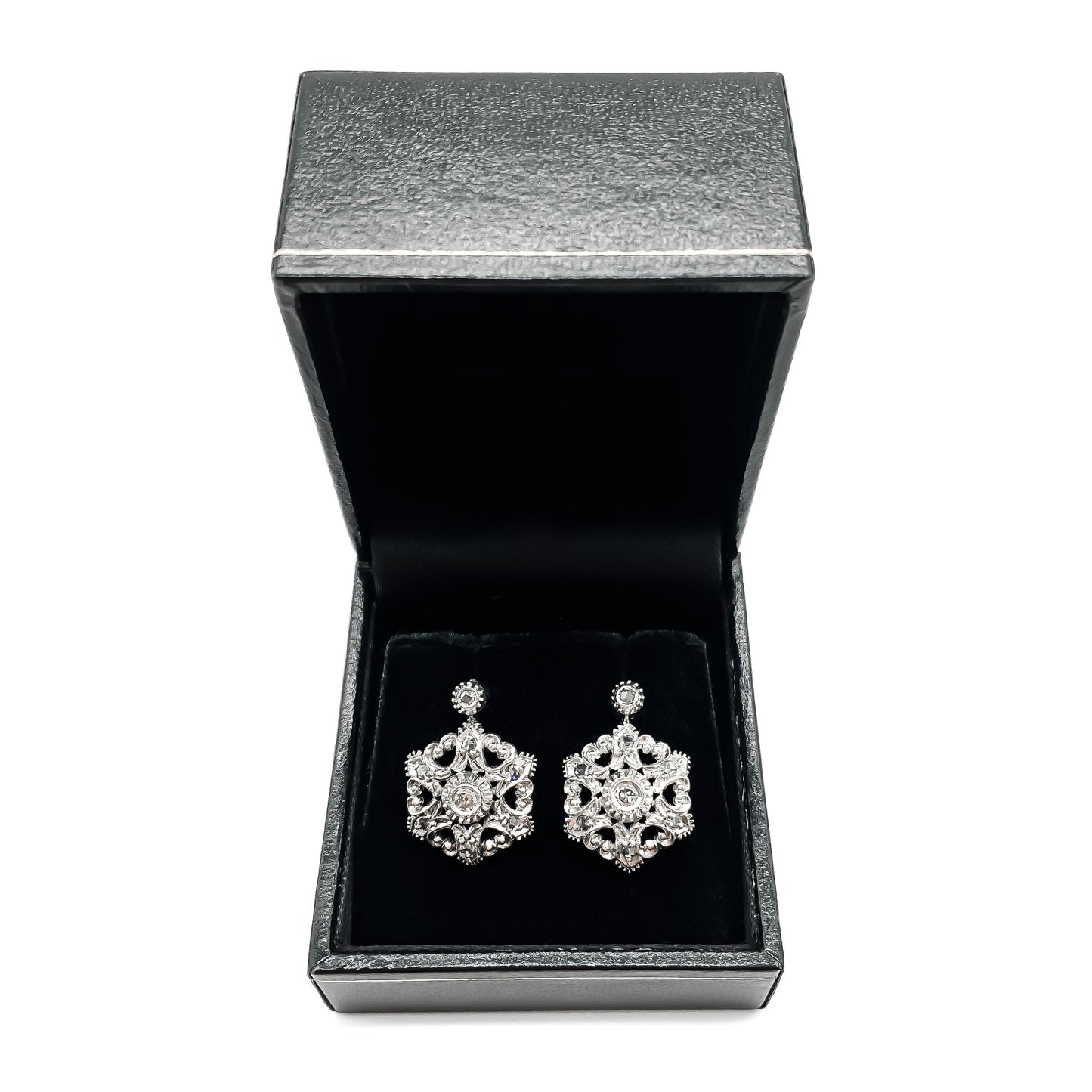 Lovely Victorian 19ct gold and silver old-cut diamond drop earrings with intricate detail.