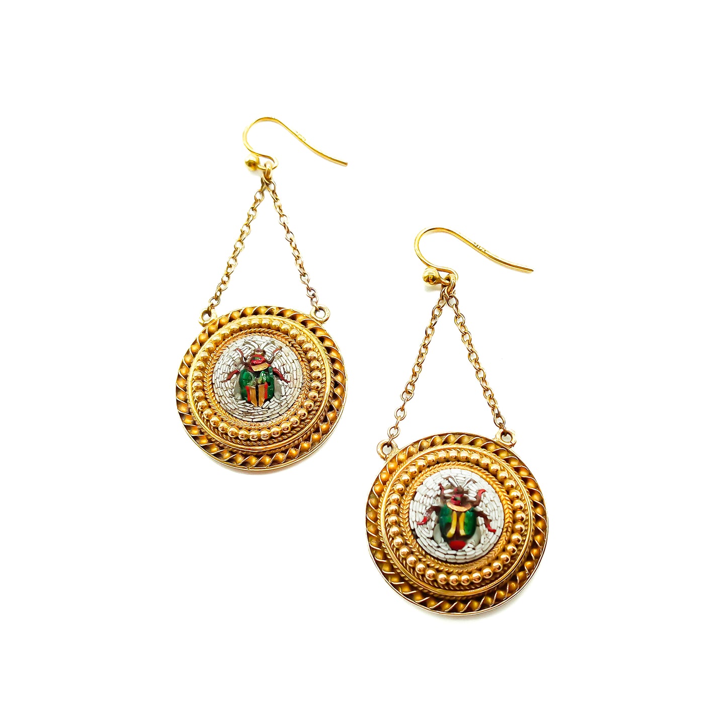 Sought-after early Victorian 22ct yellow gold drop earrings set with micro mosaic inlay depicting beetles. Done in the Byzantine-style.