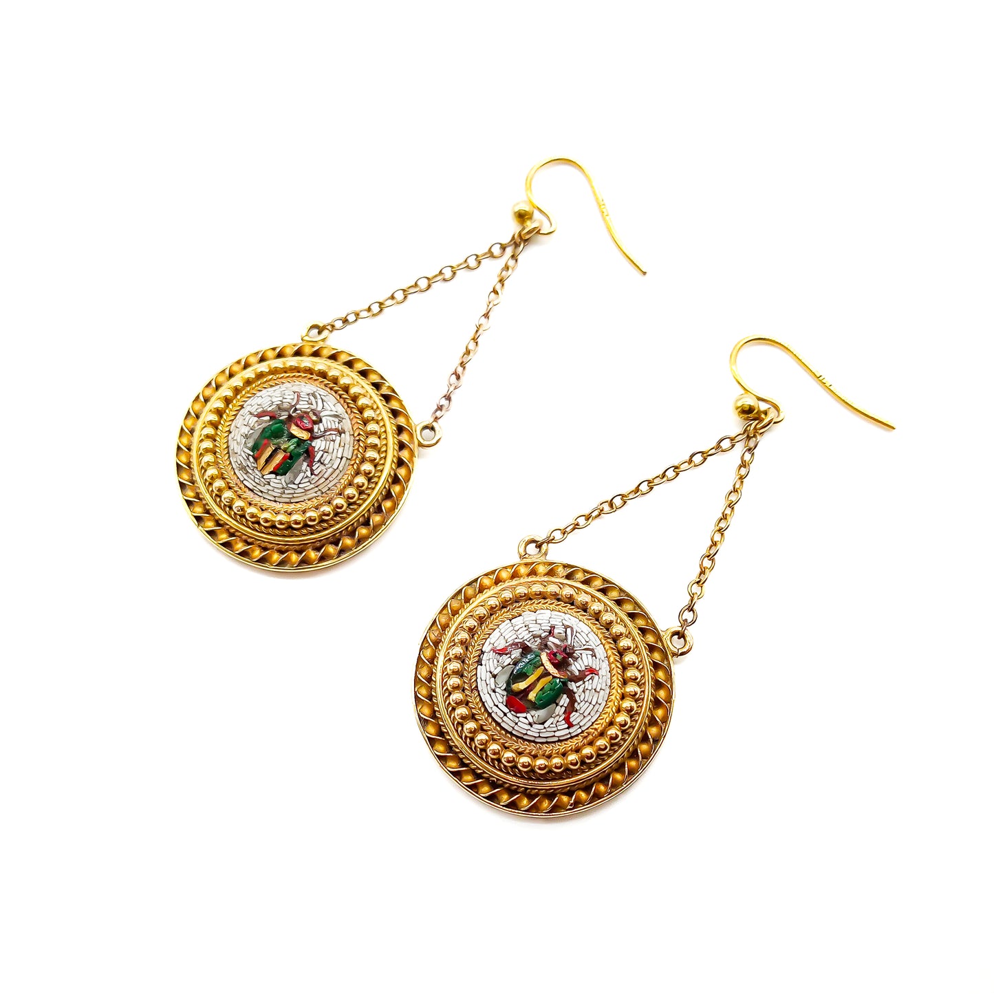 Sought-after early Victorian 22ct yellow gold drop earrings set with micro mosaic inlay depicting beetles. Done in the Byzantine-style.