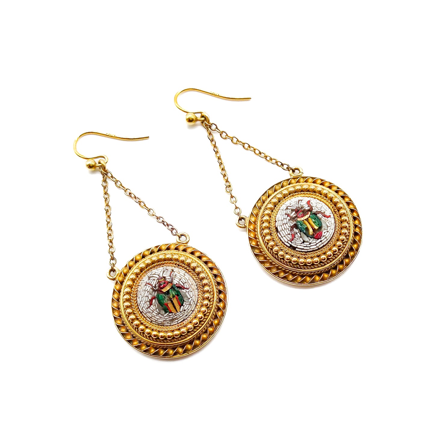 Sought-after early Victorian 22ct yellow gold drop earrings set with micro mosaic inlay depicting beetles. Done in the Byzantine-style.