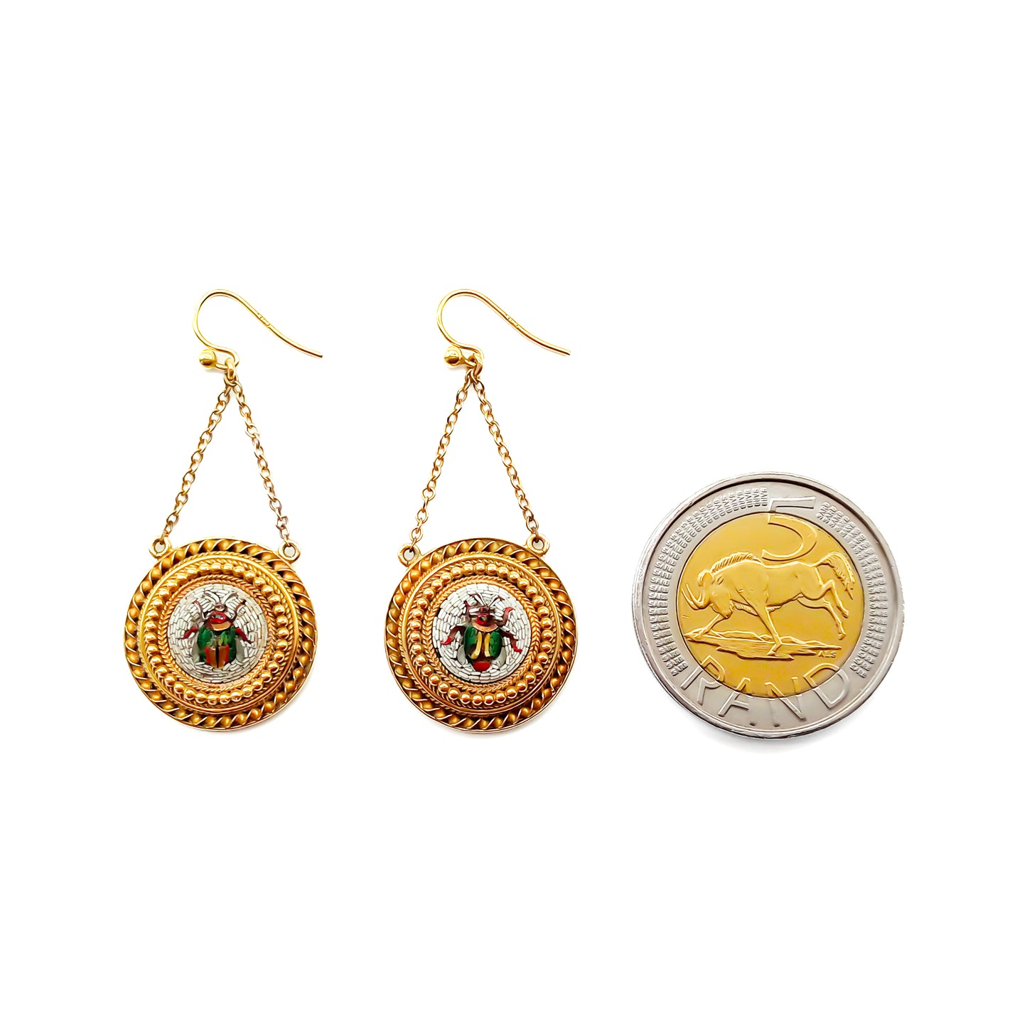 Sought-after early Victorian 22ct yellow gold drop earrings set with micro mosaic inlay depicting beetles. Done in the Byzantine-style.
