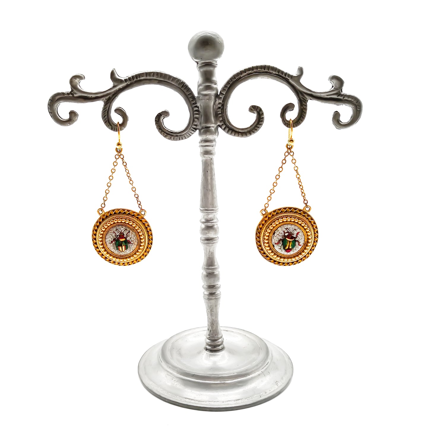 Sought-after early Victorian 22ct yellow gold drop earrings set with micro mosaic inlay depicting beetles. Done in the Byzantine-style.