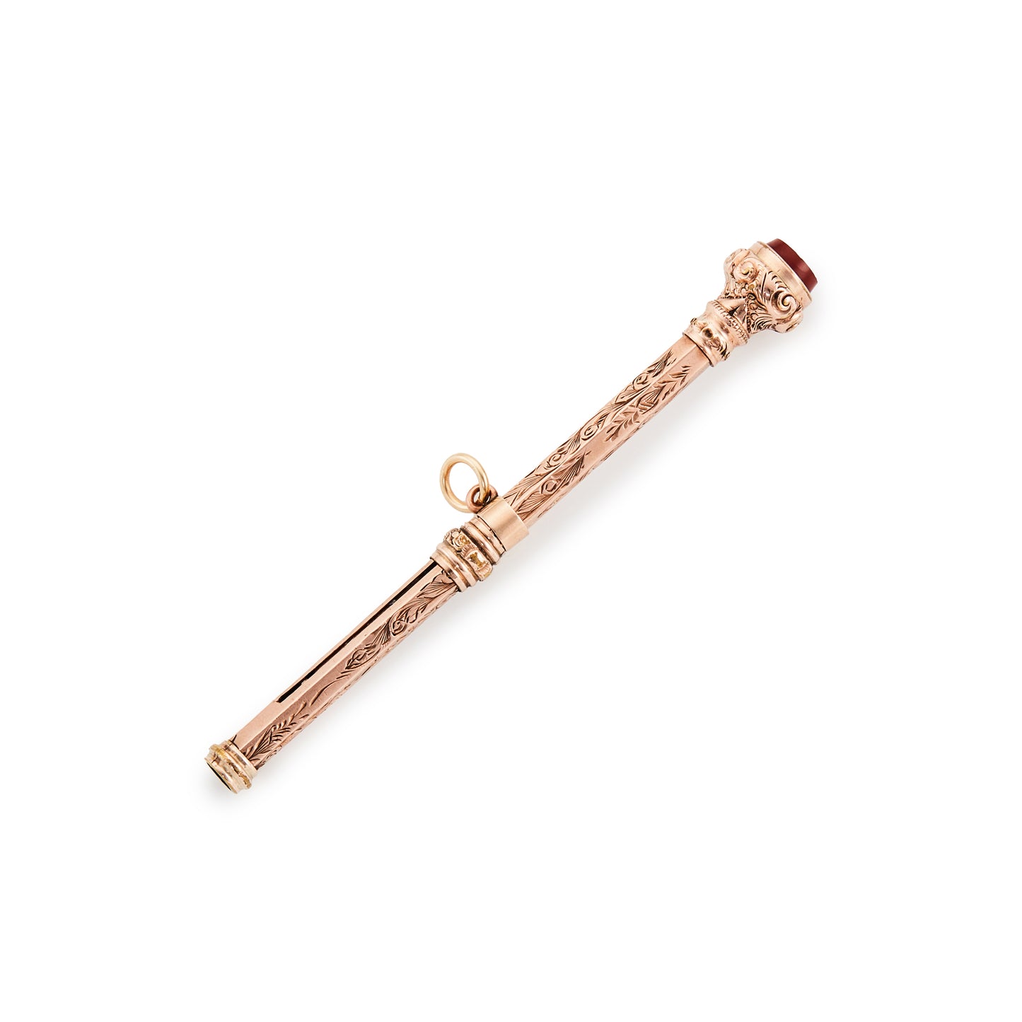 Beautifully engraved Victorian 9ct gold back and front retractable pencil pendant, set with a carnelian stone.