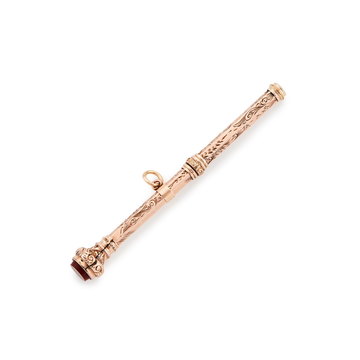 Beautifully engraved Victorian 9ct gold back and front retractable pencil pendant, set with a carnelian stone.