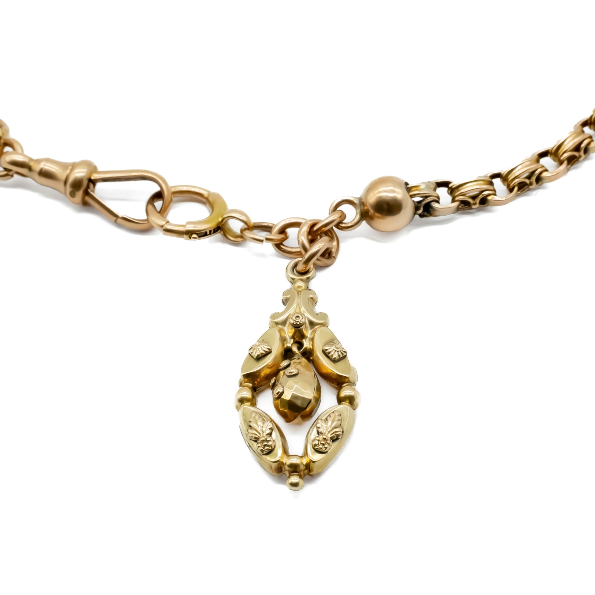 Very ornate Victorian fancy link 9ct rose/yellow gold chain with a beautiful repoussé dangling drop.